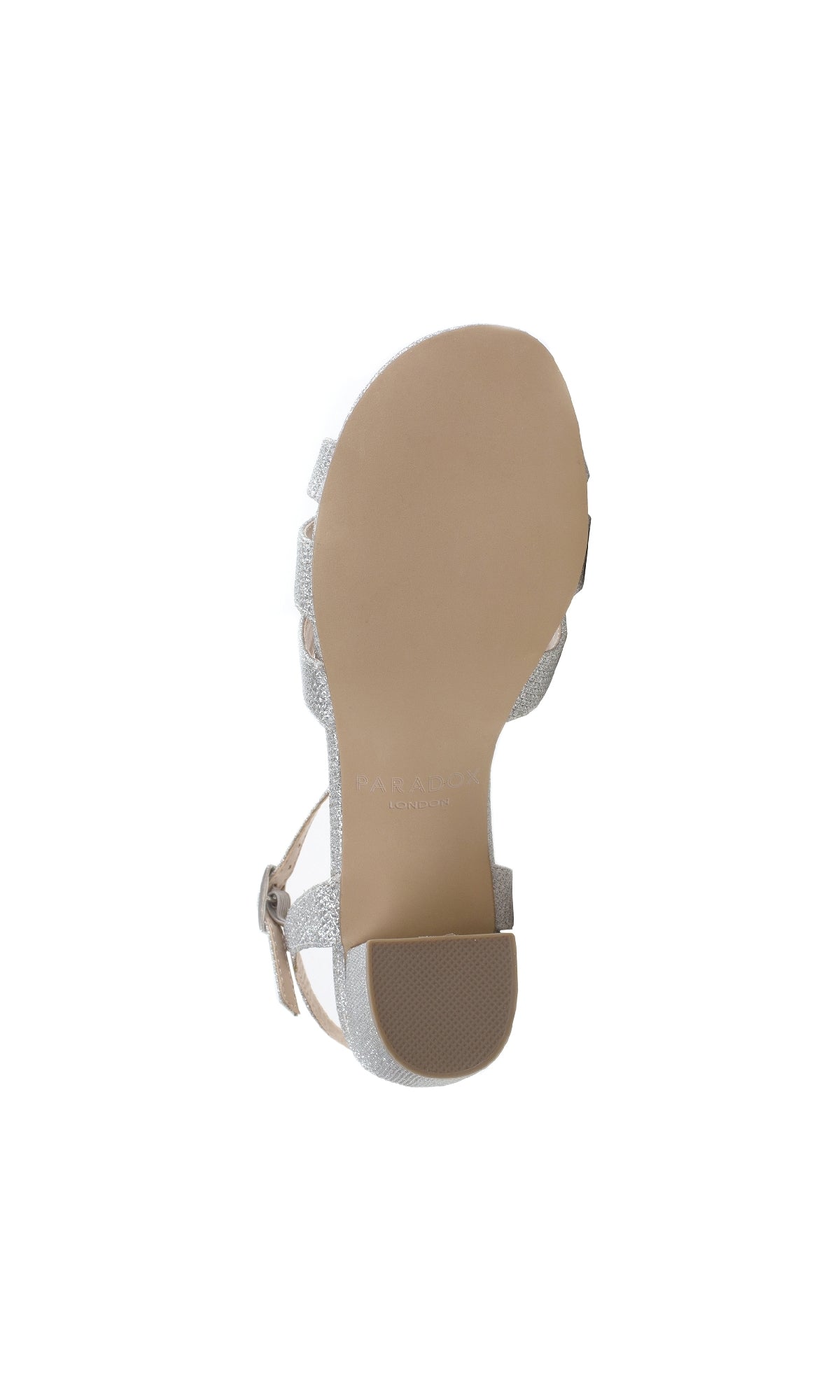 Bottom view of Colette Sparkly Silver Prom Shoe (Paradox London P1801), featuring a beige sole, glittery silver strap, and open-toe design, displayed against a white background.